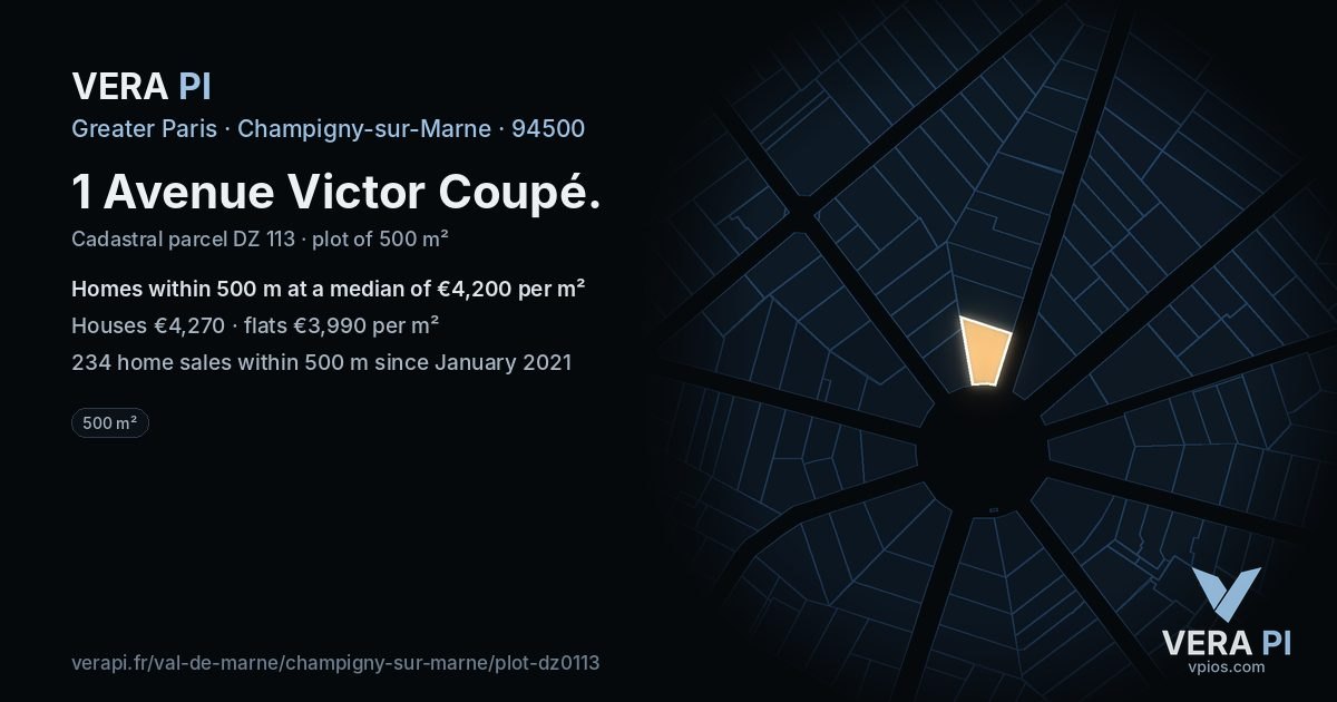 1 Avenue Victor Coupé, Champigny-sur-Marne at night – the plot lit, the parcels around coloured by the prices near them