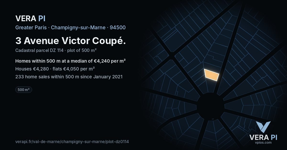 3 Avenue Victor Coupé, Champigny-sur-Marne at night – the plot lit, the parcels around coloured by the prices near them