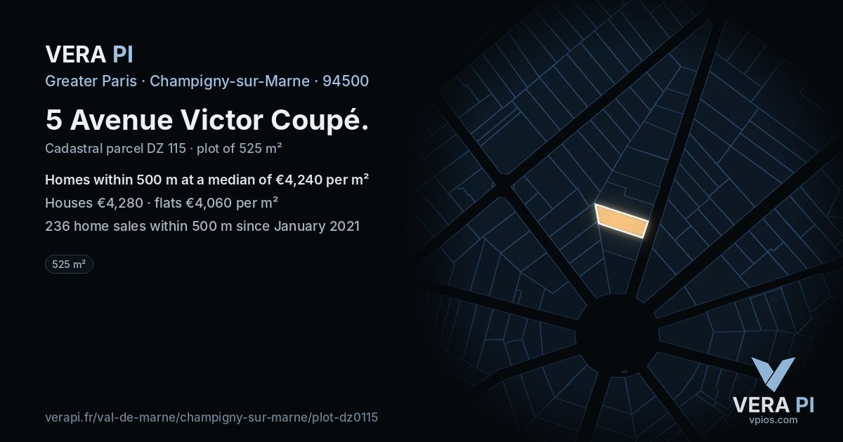 5 Avenue Victor Coupé, Champigny-sur-Marne at night – the plot lit, the parcels around coloured by the prices near them