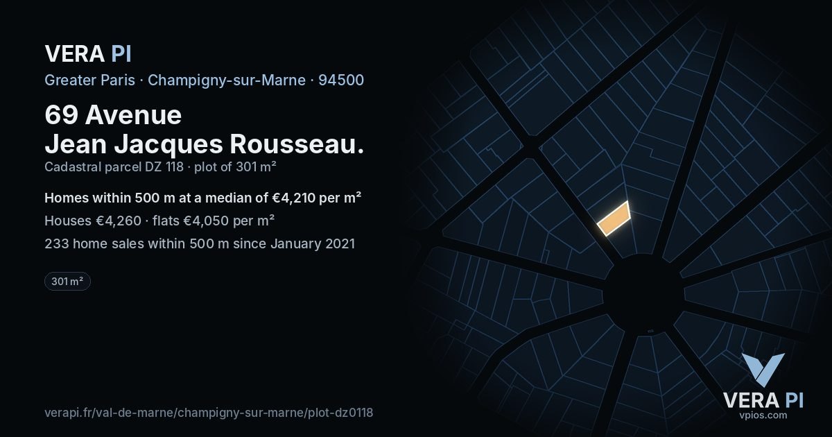 69 Avenue Jean Jacques Rousseau, Champigny-sur-Marne at night – the plot lit, the parcels around coloured by the prices near them