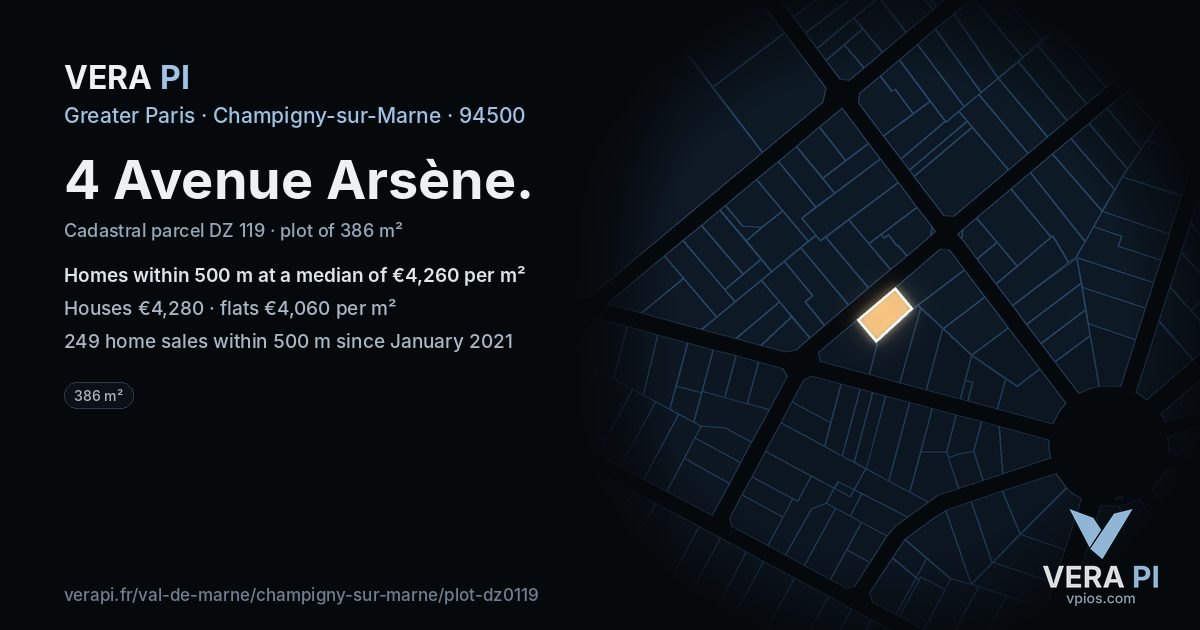 4 Avenue Arsène, Champigny-sur-Marne at night – the plot lit, the parcels around coloured by the prices near them