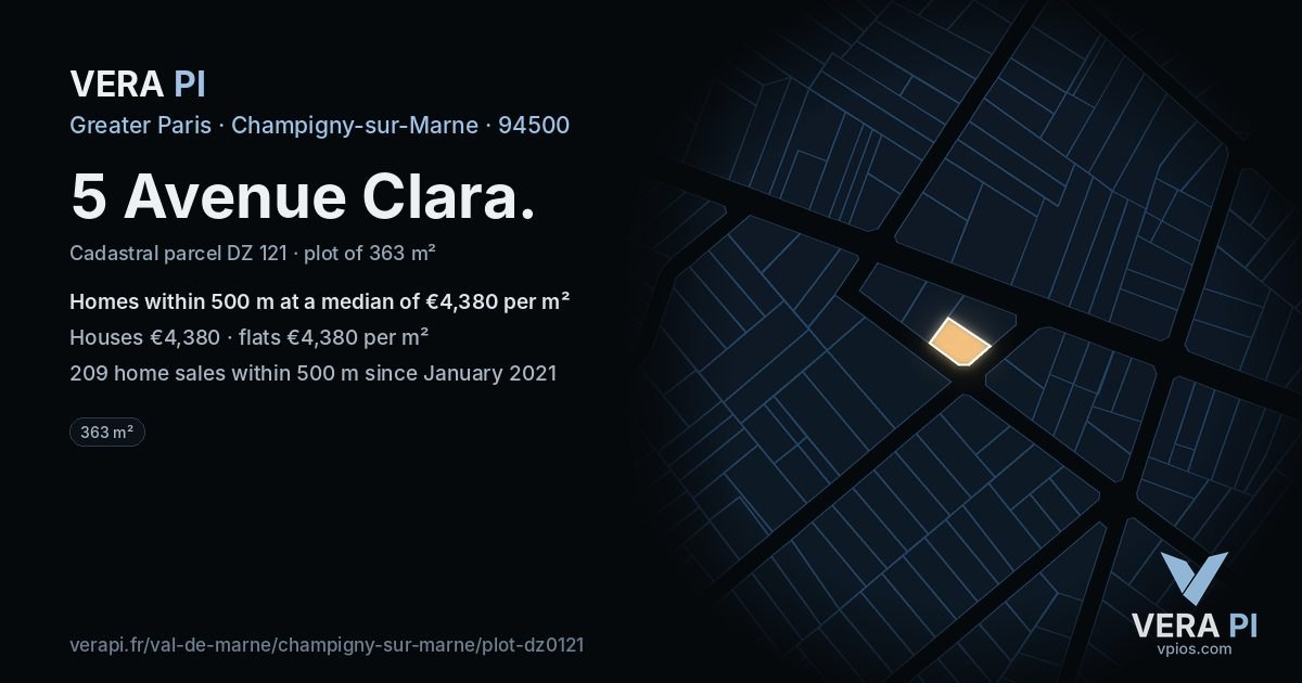 5 Avenue Clara, Champigny-sur-Marne at night – the plot lit, the parcels around coloured by the prices near them