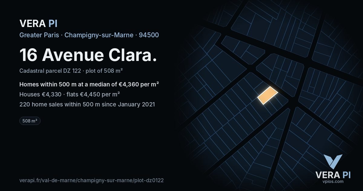 16 Avenue Clara, Champigny-sur-Marne at night – the plot lit, the parcels around coloured by the prices near them