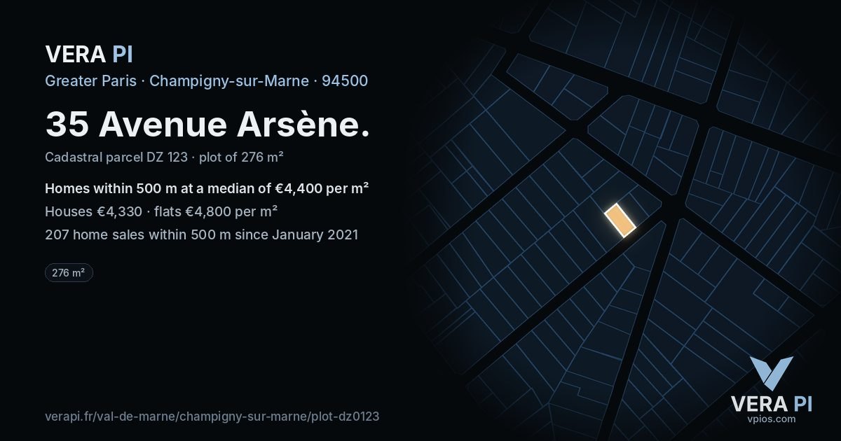 35 Avenue Arsène, Champigny-sur-Marne at night – the plot lit, the parcels around coloured by the prices near them