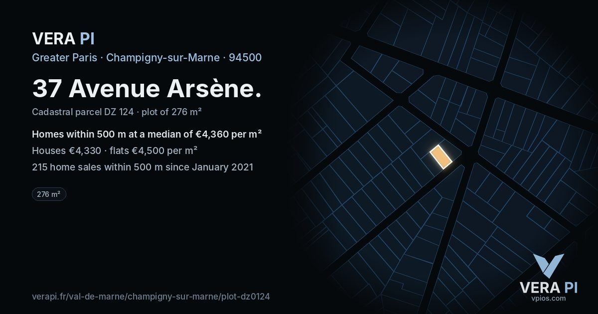 37 Avenue Arsène, Champigny-sur-Marne at night – the plot lit, the parcels around coloured by the prices near them