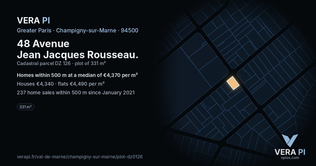 48 Avenue Jean Jacques Rousseau, Champigny-sur-Marne at night – the plot lit, the parcels around coloured by the prices near them