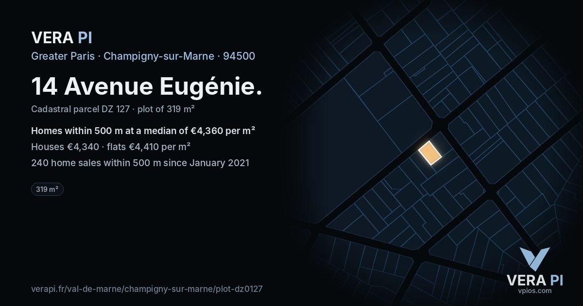 14 Avenue Eugénie, Champigny-sur-Marne at night – the plot lit, the parcels around coloured by the prices near them