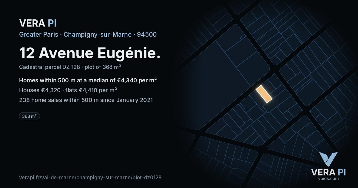 12 Avenue Eugénie, Champigny-sur-Marne at night – the plot lit, the parcels around coloured by the prices near them