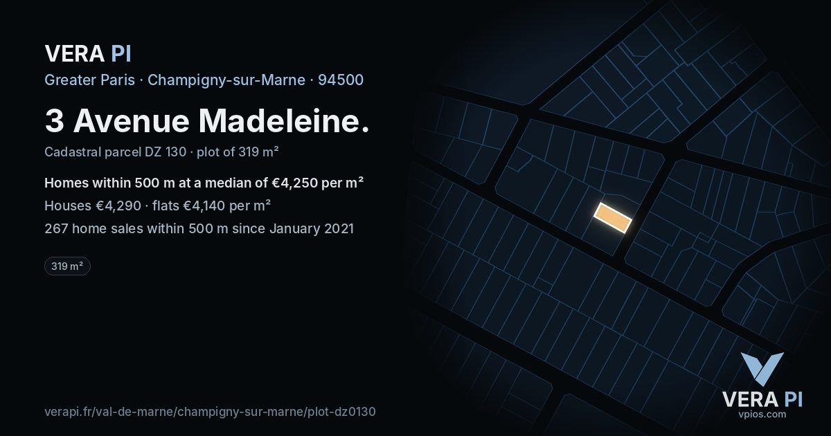 3 Avenue Madeleine, Champigny-sur-Marne at night – the plot lit, the parcels around coloured by the prices near them