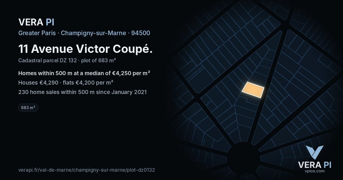11 Avenue Victor Coupé, Champigny-sur-Marne at night – the plot lit, the parcels around coloured by the prices near them