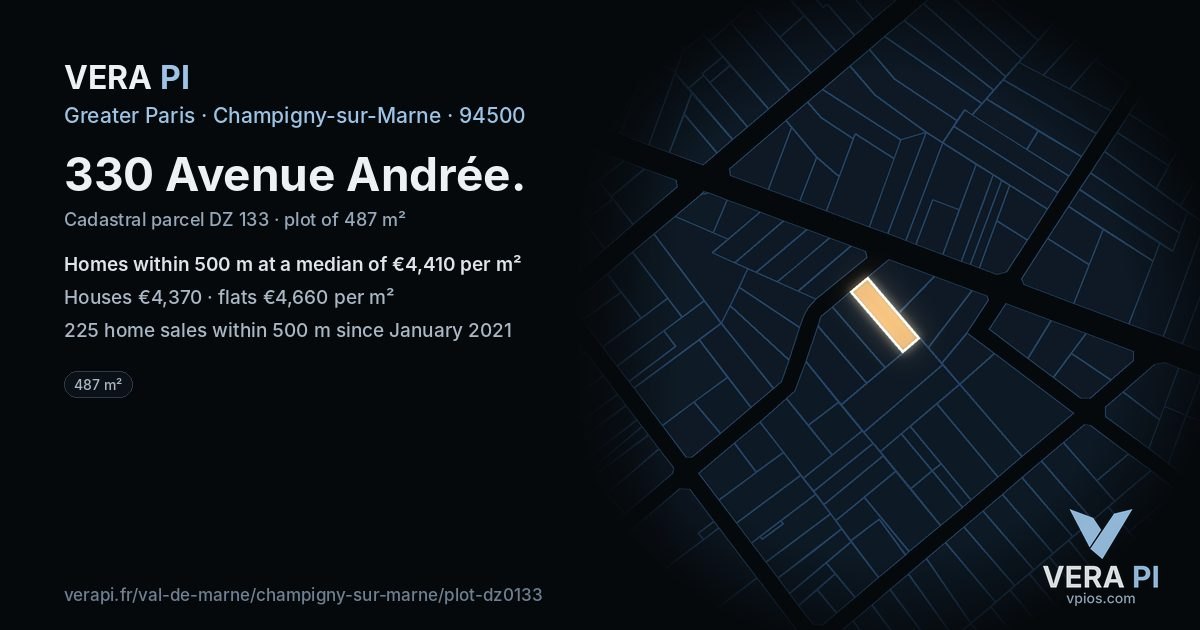 330 Avenue Andrée, Champigny-sur-Marne at night – the plot lit, the parcels around coloured by the prices near them