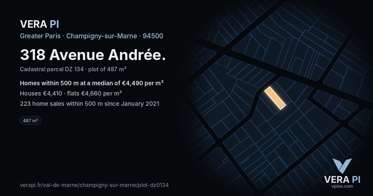 318 Avenue Andrée, Champigny-sur-Marne at night – the plot lit, the parcels around coloured by the prices near them