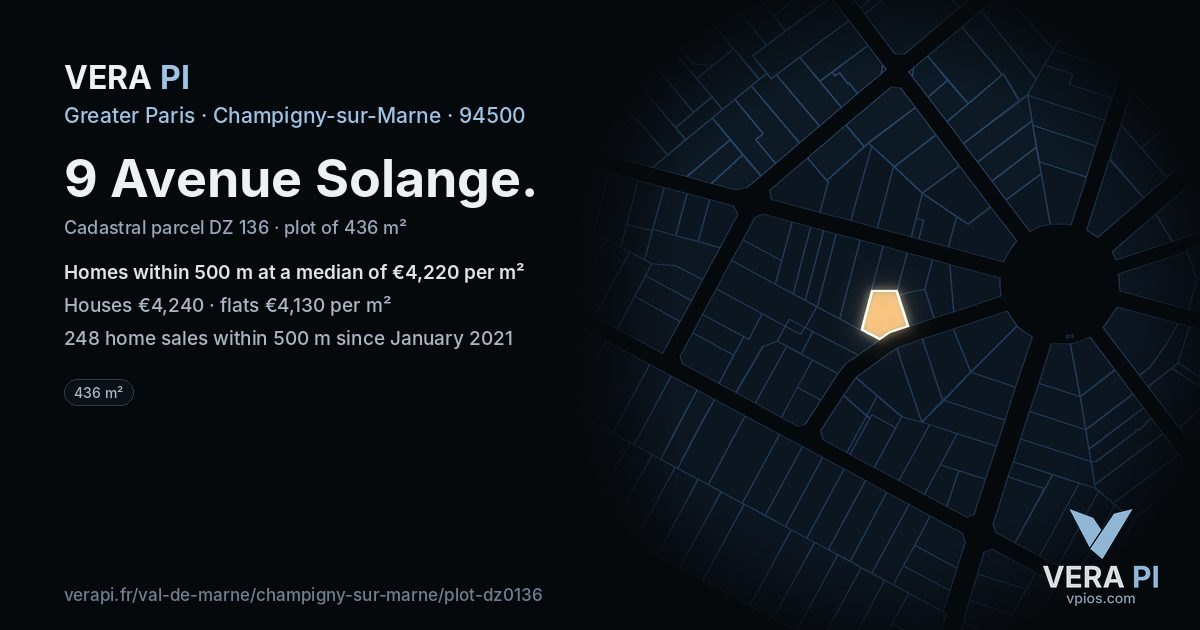 9 Avenue Solange, Champigny-sur-Marne at night – the plot lit, the parcels around coloured by the prices near them