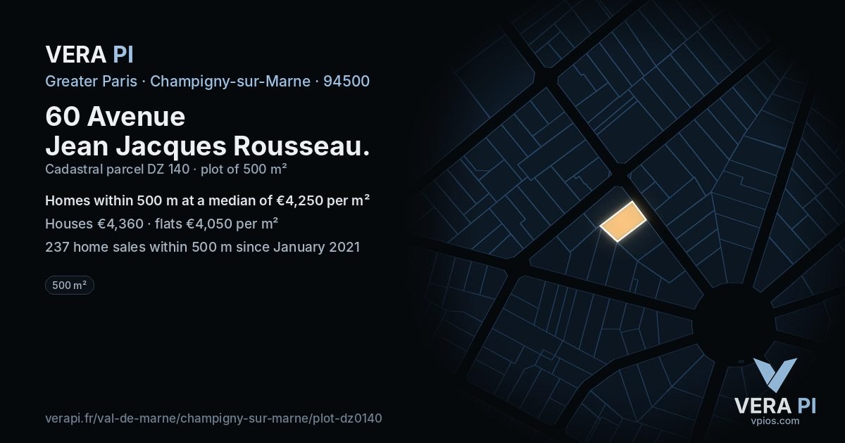 60 Avenue Jean Jacques Rousseau, Champigny-sur-Marne at night – the plot lit, the parcels around coloured by the prices near them