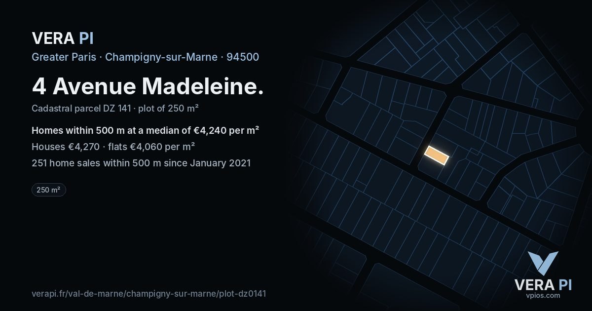 4 Avenue Madeleine, Champigny-sur-Marne at night – the plot lit, the parcels around coloured by the prices near them