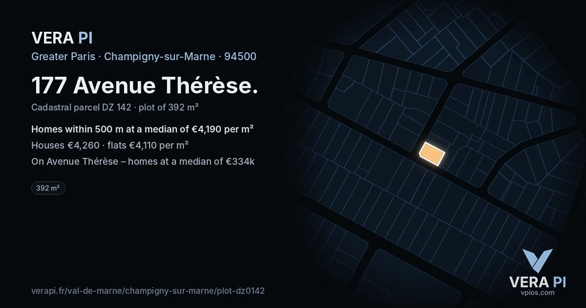177 Avenue Thérèse, Champigny-sur-Marne at night – the plot lit, the parcels around coloured by the prices near them