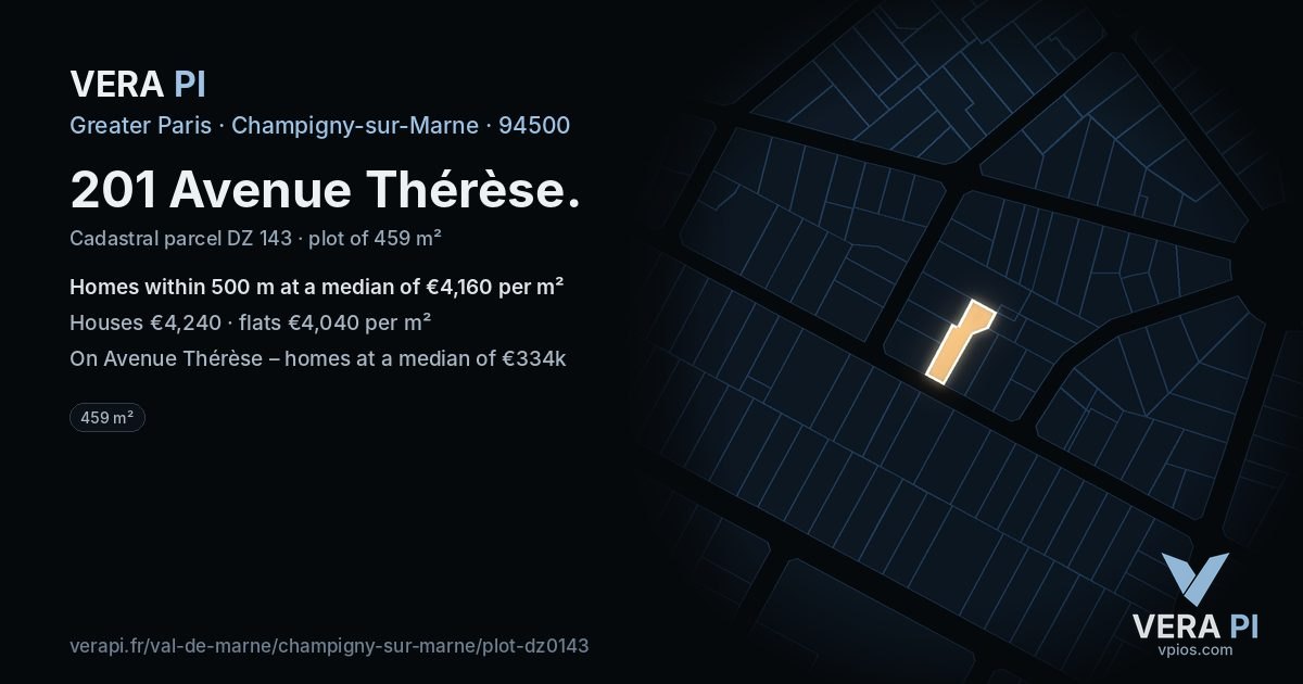 201 Avenue Thérèse, Champigny-sur-Marne at night – the plot lit, the parcels around coloured by the prices near them