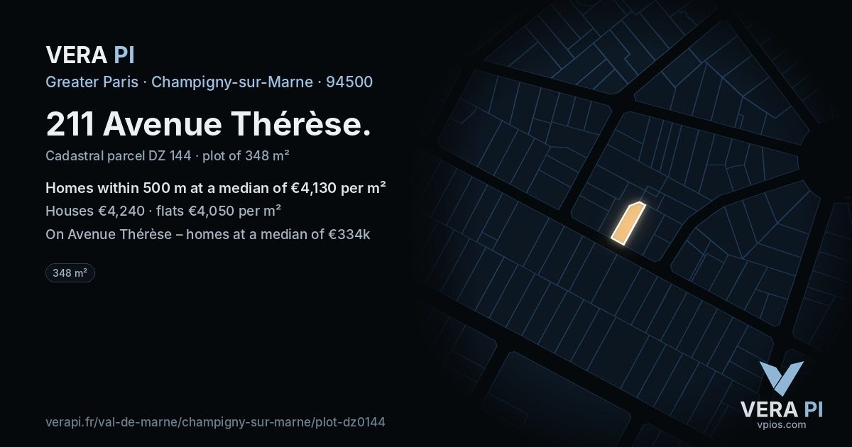 211 Avenue Thérèse, Champigny-sur-Marne at night – the plot lit, the parcels around coloured by the prices near them