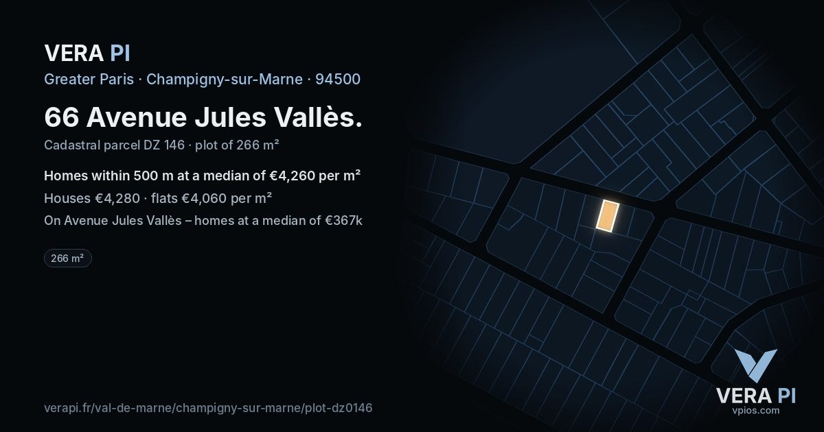 66 Avenue Jules Vallès, Champigny-sur-Marne at night – the plot lit, the parcels around coloured by the prices near them