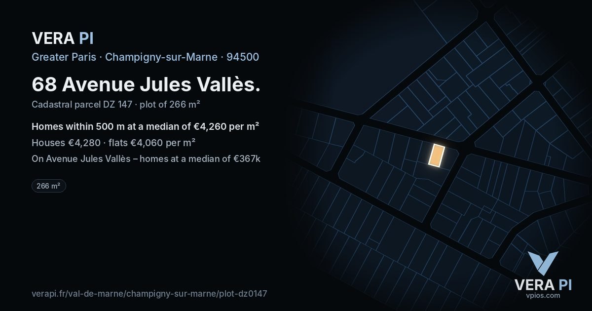 68 Avenue Jules Vallès, Champigny-sur-Marne at night – the plot lit, the parcels around coloured by the prices near them