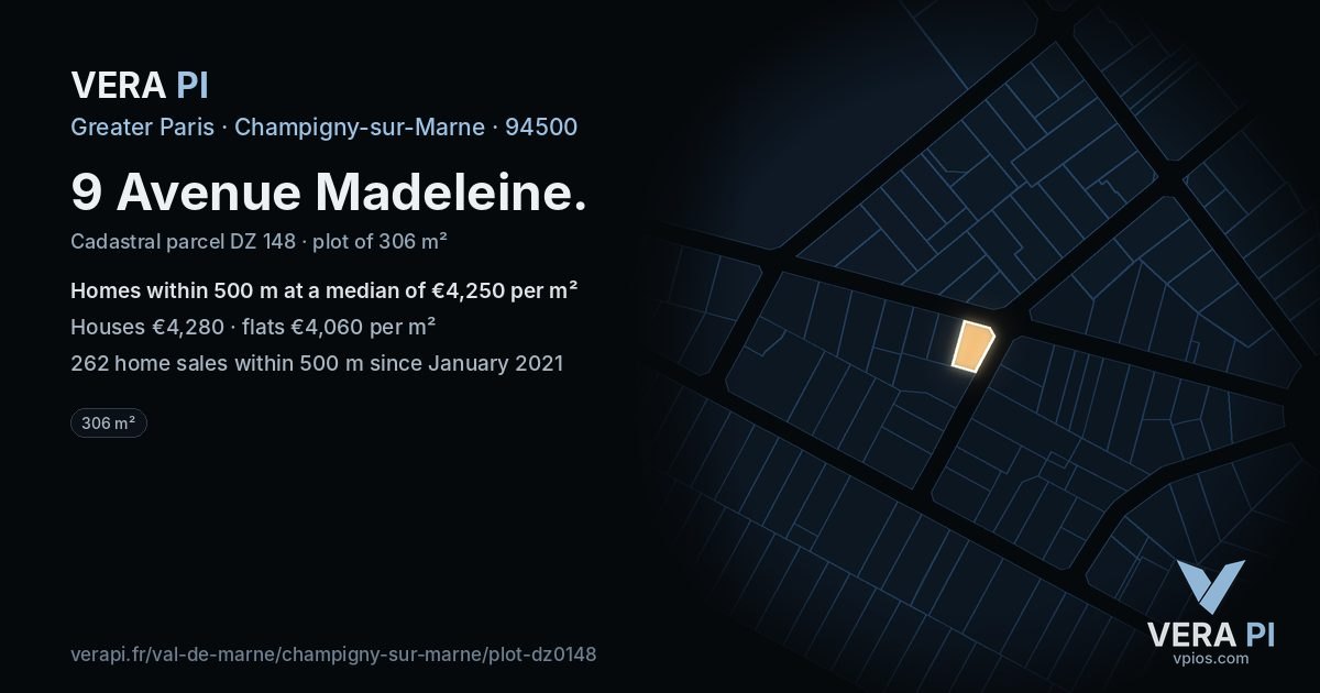 9 Avenue Madeleine, Champigny-sur-Marne at night – the plot lit, the parcels around coloured by the prices near them