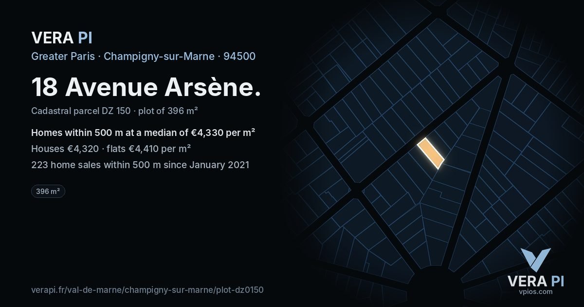 18 Avenue Arsène, Champigny-sur-Marne at night – the plot lit, the parcels around coloured by the prices near them