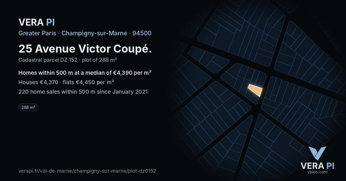 25 Avenue Victor Coupé, Champigny-sur-Marne at night – the plot lit, the parcels around coloured by the prices near them