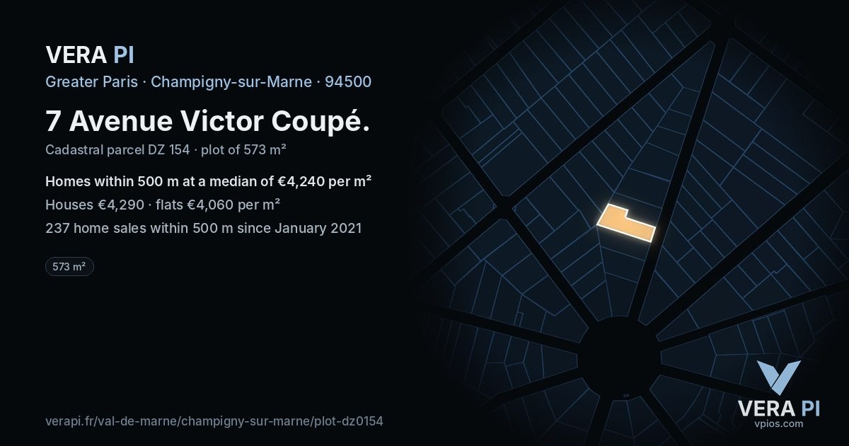 7 Avenue Victor Coupé, Champigny-sur-Marne at night – the plot lit, the parcels around coloured by the prices near them