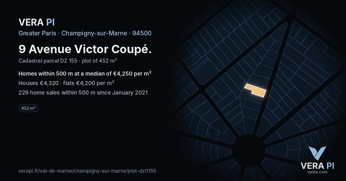 9 Avenue Victor Coupé, Champigny-sur-Marne at night – the plot lit, the parcels around coloured by the prices near them