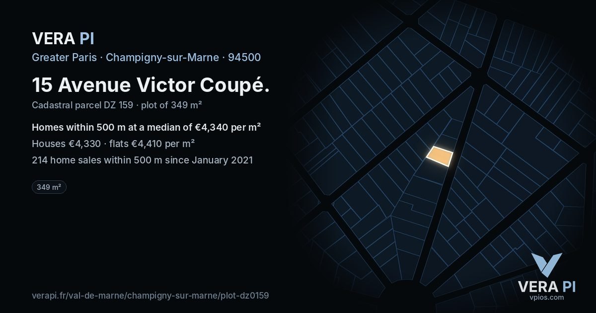 15 Avenue Victor Coupé, Champigny-sur-Marne at night – the plot lit, the parcels around coloured by the prices near them