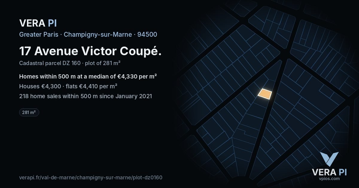 17 Avenue Victor Coupé, Champigny-sur-Marne at night – the plot lit, the parcels around coloured by the prices near them