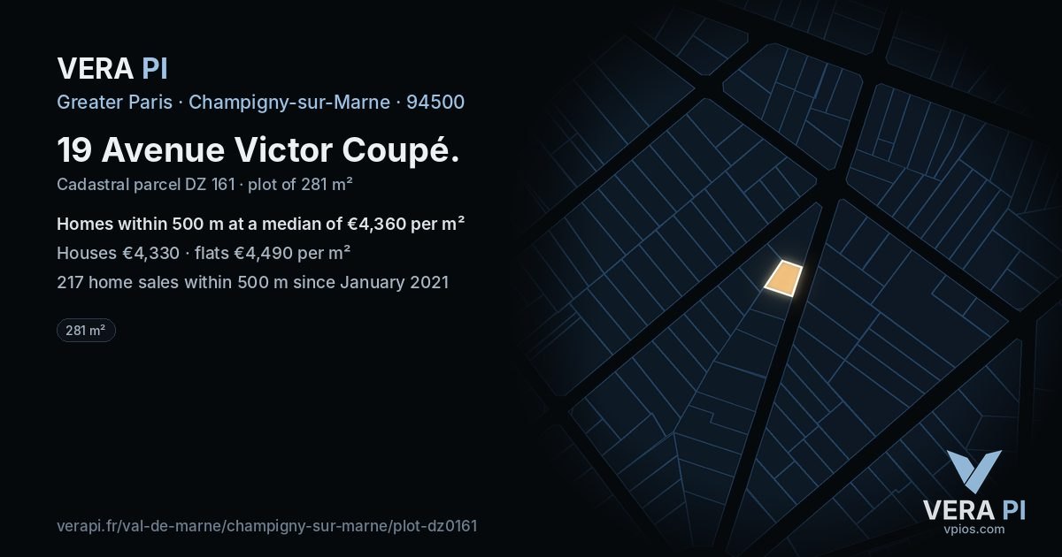 19 Avenue Victor Coupé, Champigny-sur-Marne at night – the plot lit, the parcels around coloured by the prices near them