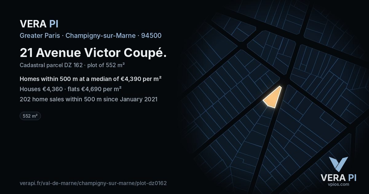 21 Avenue Victor Coupé, Champigny-sur-Marne at night – the plot lit, the parcels around coloured by the prices near them