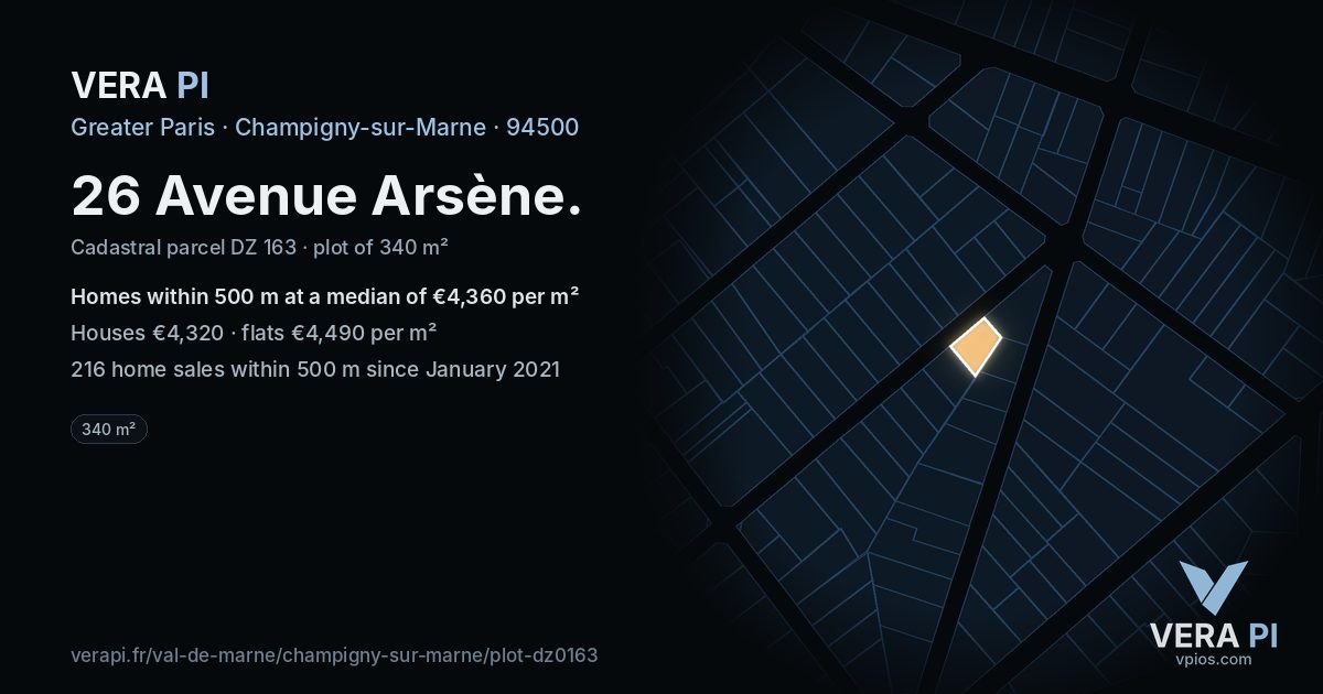26 Avenue Arsène, Champigny-sur-Marne at night – the plot lit, the parcels around coloured by the prices near them