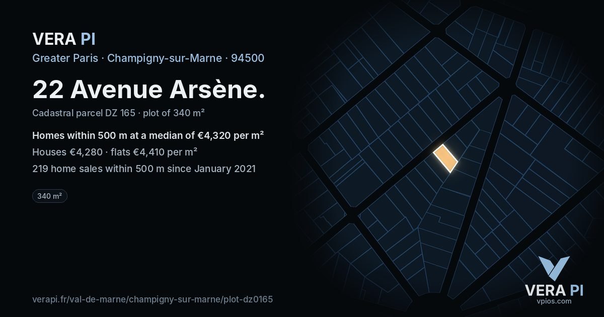 22 Avenue Arsène, Champigny-sur-Marne at night – the plot lit, the parcels around coloured by the prices near them