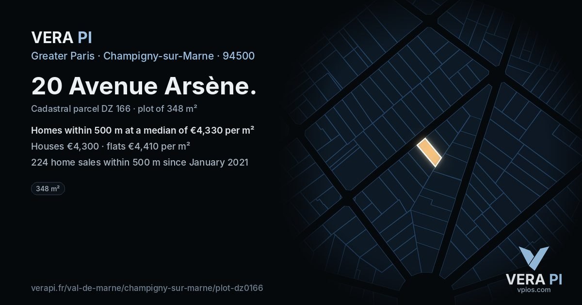 20 Avenue Arsène, Champigny-sur-Marne at night – the plot lit, the parcels around coloured by the prices near them