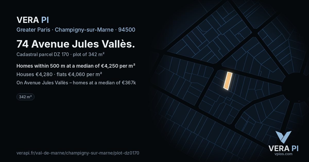 74 Avenue Jules Vallès, Champigny-sur-Marne at night – the plot lit, the parcels around coloured by the prices near them