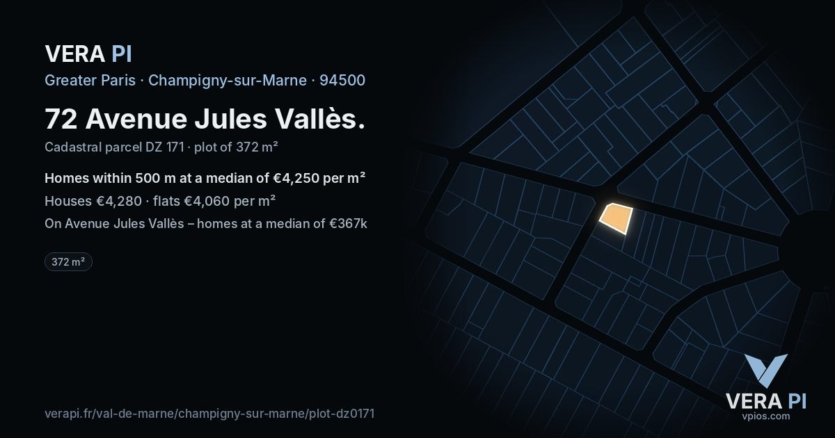 72 Avenue Jules Vallès, Champigny-sur-Marne at night – the plot lit, the parcels around coloured by the prices near them