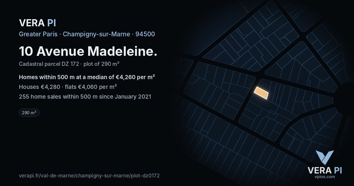 10 Avenue Madeleine, Champigny-sur-Marne at night – the plot lit, the parcels around coloured by the prices near them