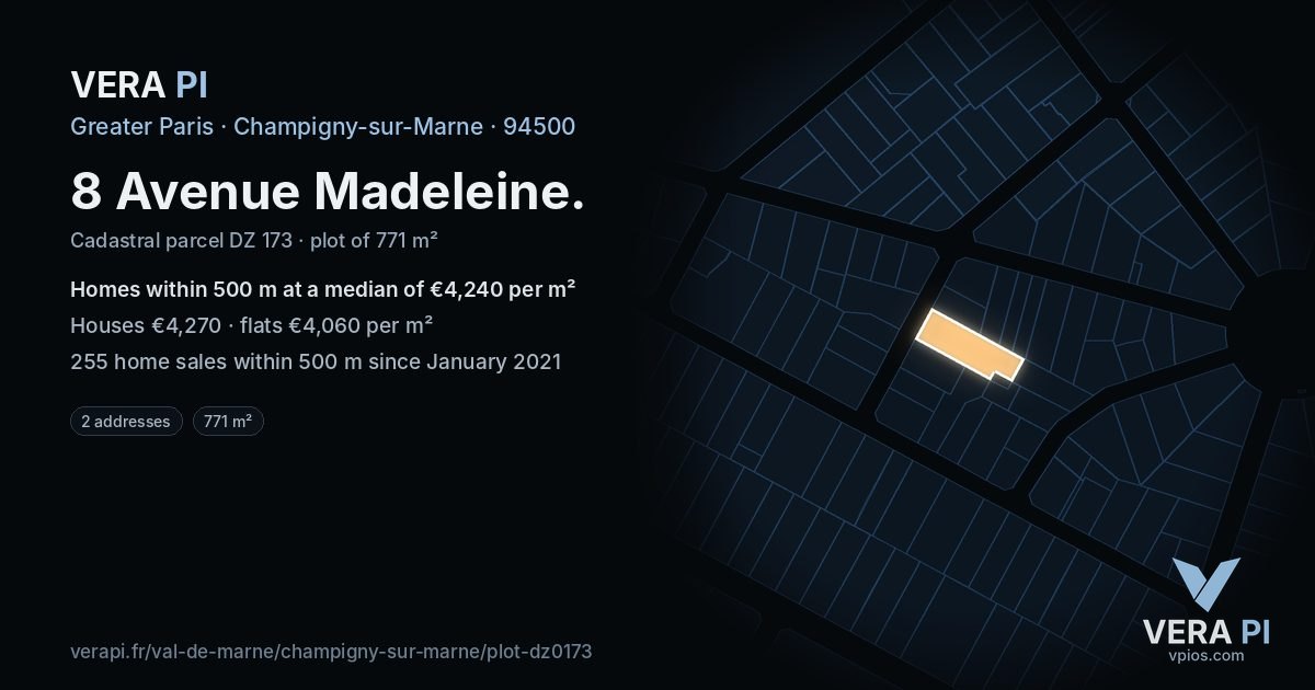 8 Avenue Madeleine, Champigny-sur-Marne at night – the plot lit, the parcels around coloured by the prices near them