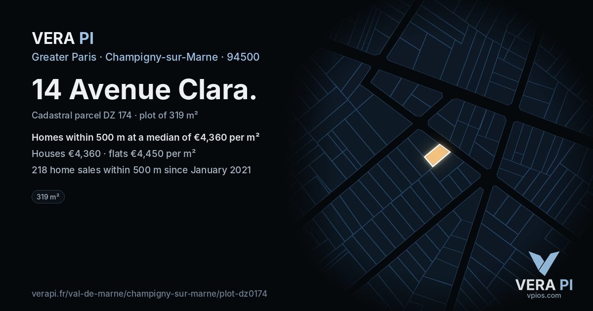 14 Avenue Clara, Champigny-sur-Marne at night – the plot lit, the parcels around coloured by the prices near them