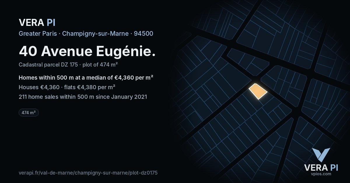 40 Avenue Eugénie, Champigny-sur-Marne at night – the plot lit, the parcels around coloured by the prices near them