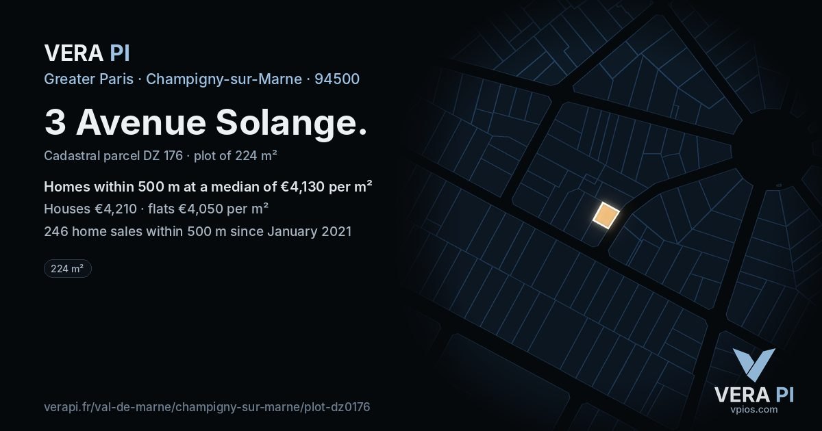 3 Avenue Solange, Champigny-sur-Marne at night – the plot lit, the parcels around coloured by the prices near them