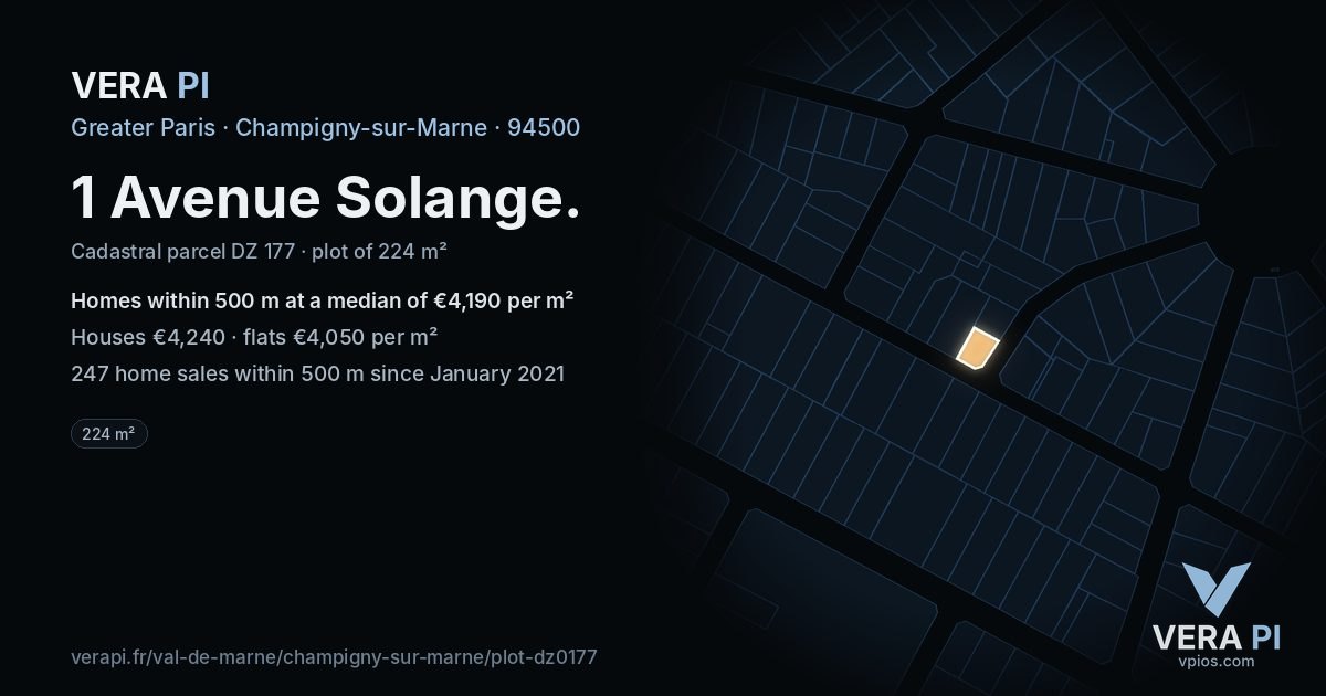 1 Avenue Solange, Champigny-sur-Marne at night – the plot lit, the parcels around coloured by the prices near them