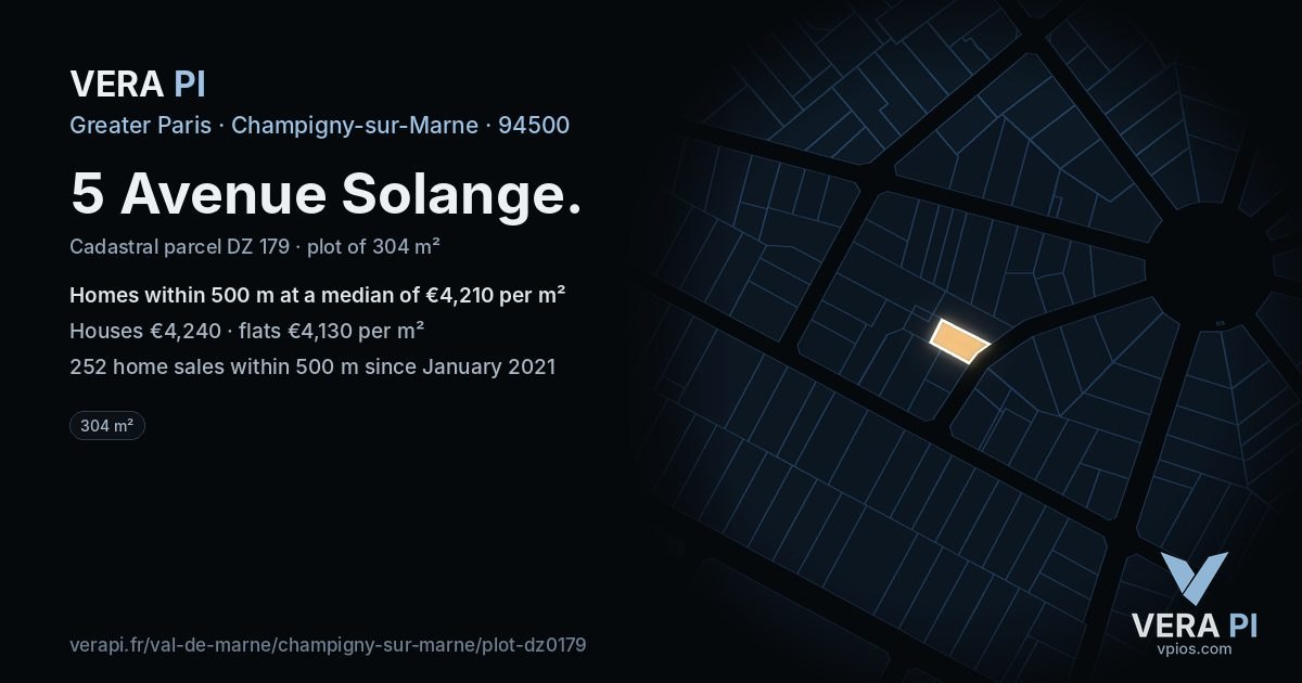 5 Avenue Solange, Champigny-sur-Marne at night – the plot lit, the parcels around coloured by the prices near them
