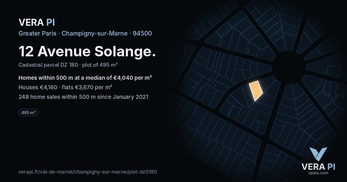 12 Avenue Solange, Champigny-sur-Marne at night – the plot lit, the parcels around coloured by the prices near them