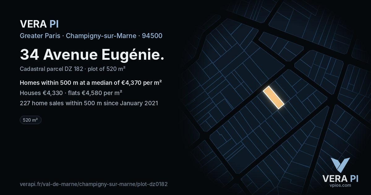 34 Avenue Eugénie, Champigny-sur-Marne at night – the plot lit, the parcels around coloured by the prices near them