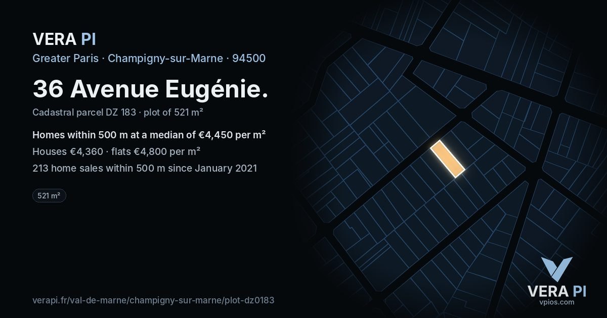 36 Avenue Eugénie, Champigny-sur-Marne at night – the plot lit, the parcels around coloured by the prices near them