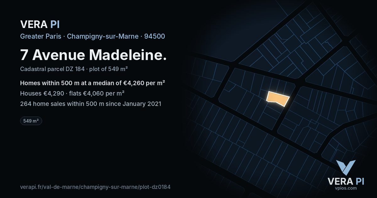 7 Avenue Madeleine, Champigny-sur-Marne at night – the plot lit, the parcels around coloured by the prices near them