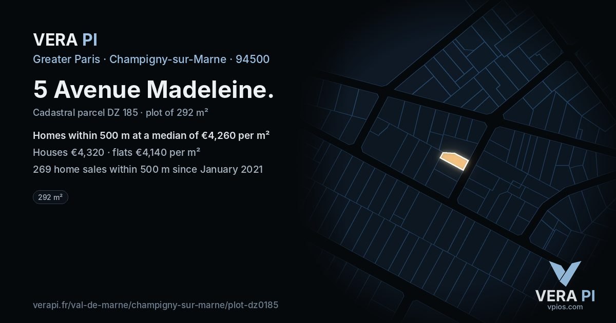 5 Avenue Madeleine, Champigny-sur-Marne at night – the plot lit, the parcels around coloured by the prices near them